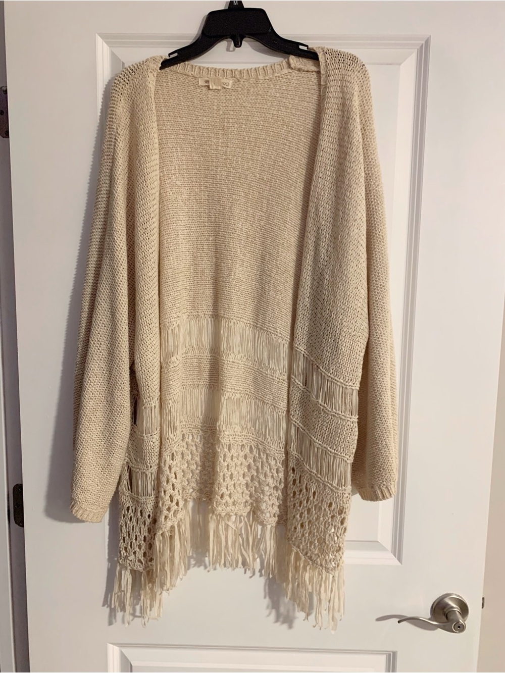 Double Zero Cream Open-Front Fringe Knit Cardigan